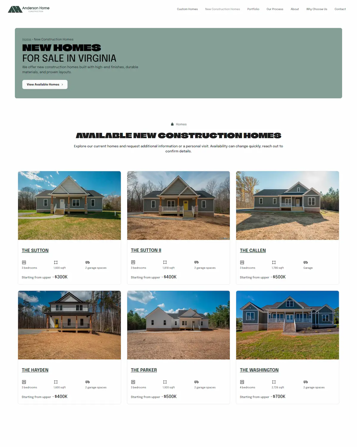 Anderson Home Construction New Construction Homes Page